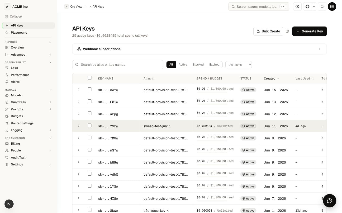 API Keys page — full key shown exactly once on creation; copy it before navigating away