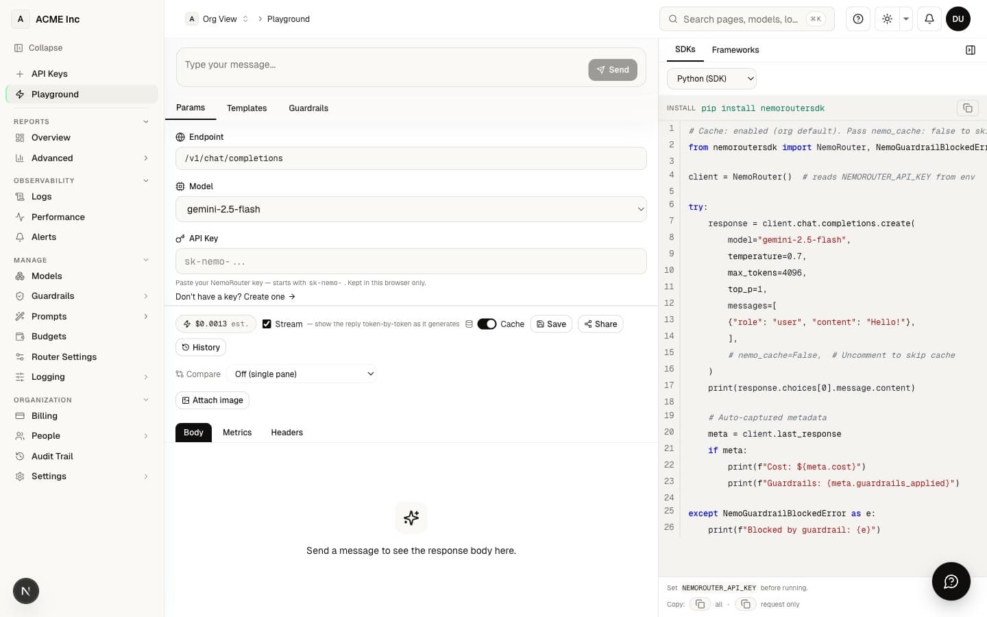 Playground at /[organization]/playground — model picker, message thread, parameter sliders, and the API-key paste field