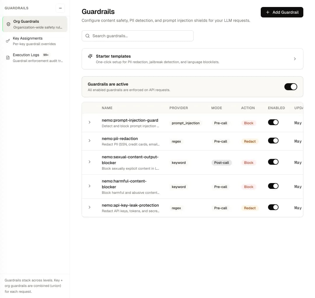 nRouter dashboard — guardrails: PII redaction, prompt-injection defense, content safety