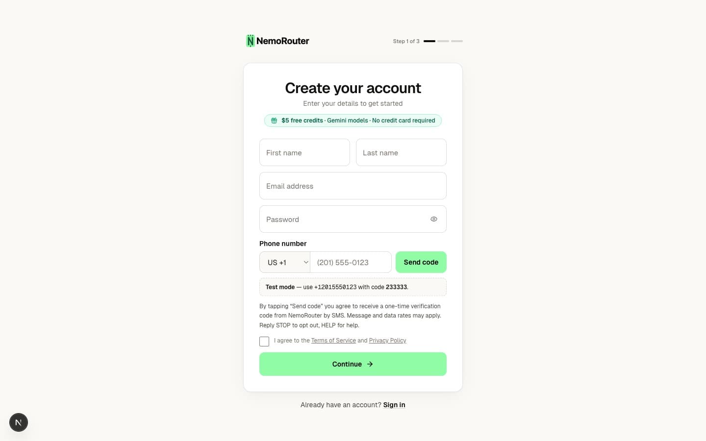 Sign-up page — create your nRouter account in 30 seconds